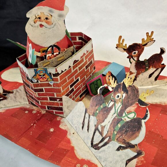 Vintage Hallmark Pop Up Christmas Card Santa Claus, Sleigh Chimney & Reindeer - Picture 1 of 16